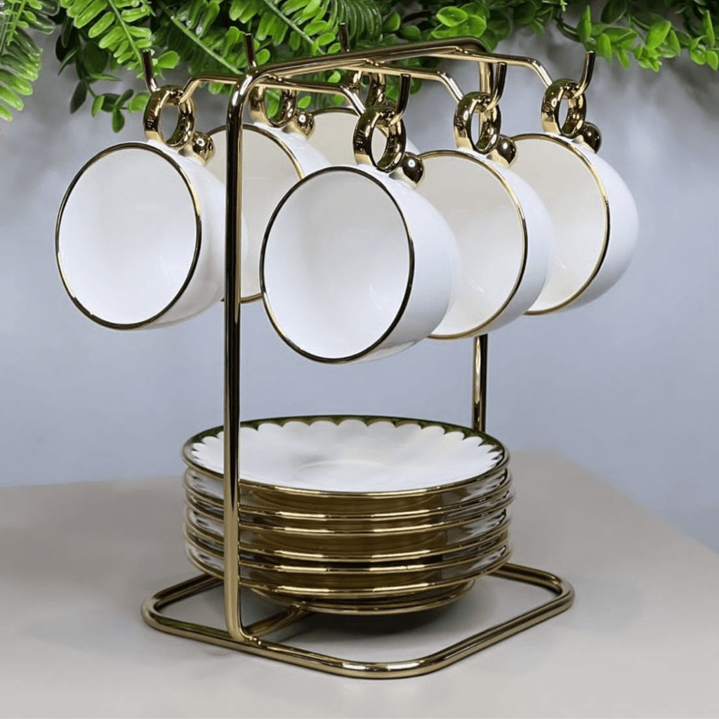 Suporte para Xicaras e Pires de Café Aço Dourado