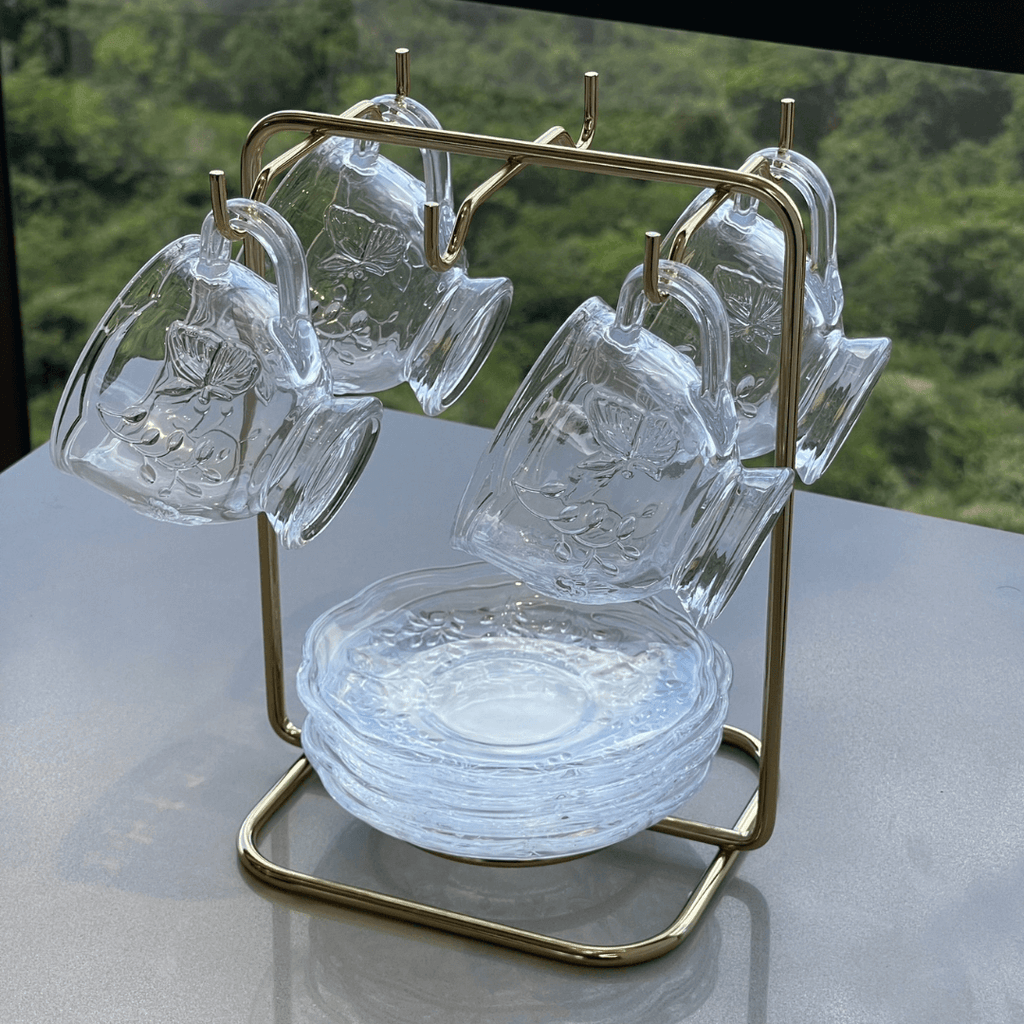 Suporte para Xicaras e Pires de Café Aço Dourado